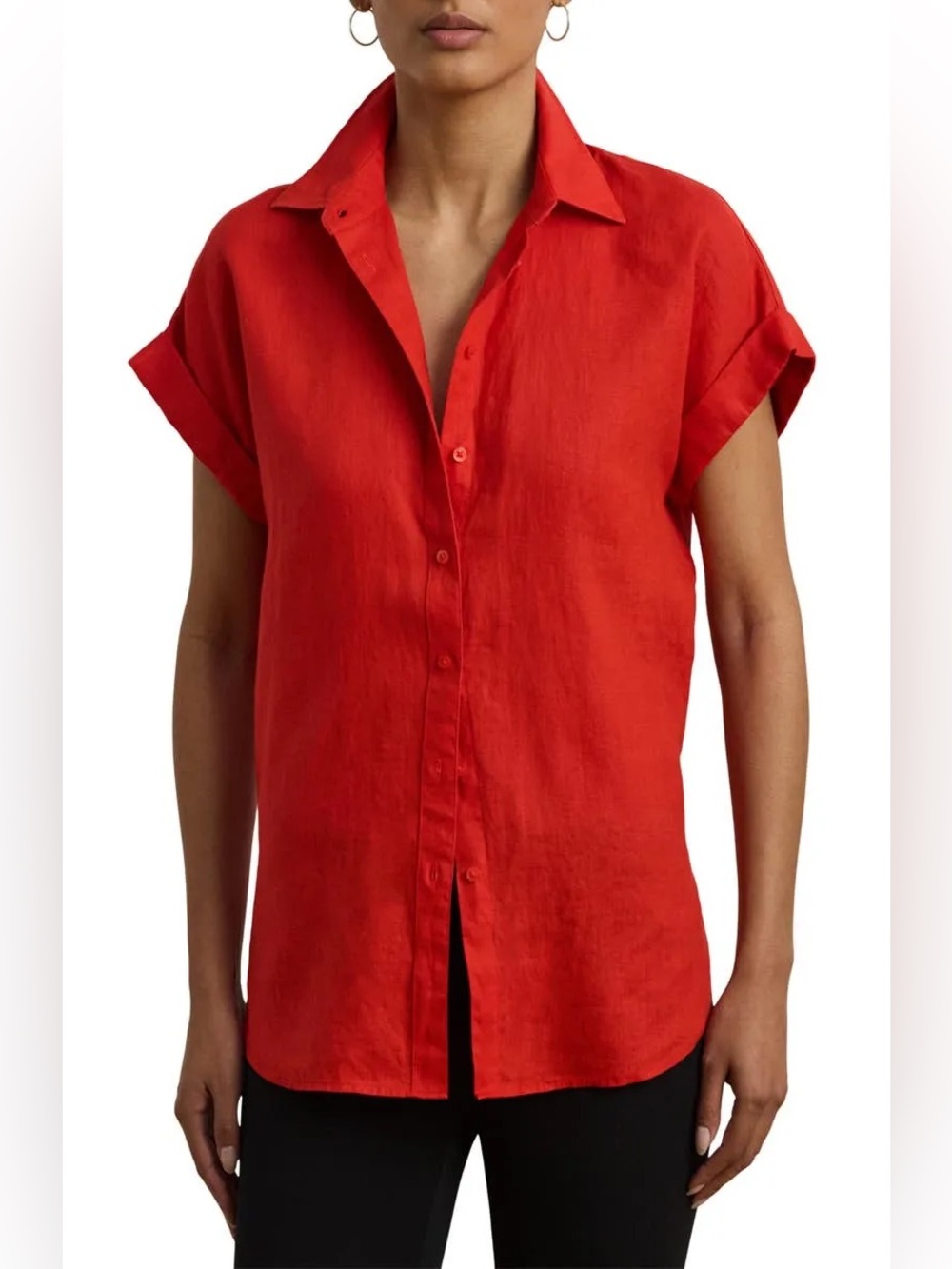NWOT Lauren Ralph Lauren Red Short-Sleeve Button Front Women's Top 100% Linen M